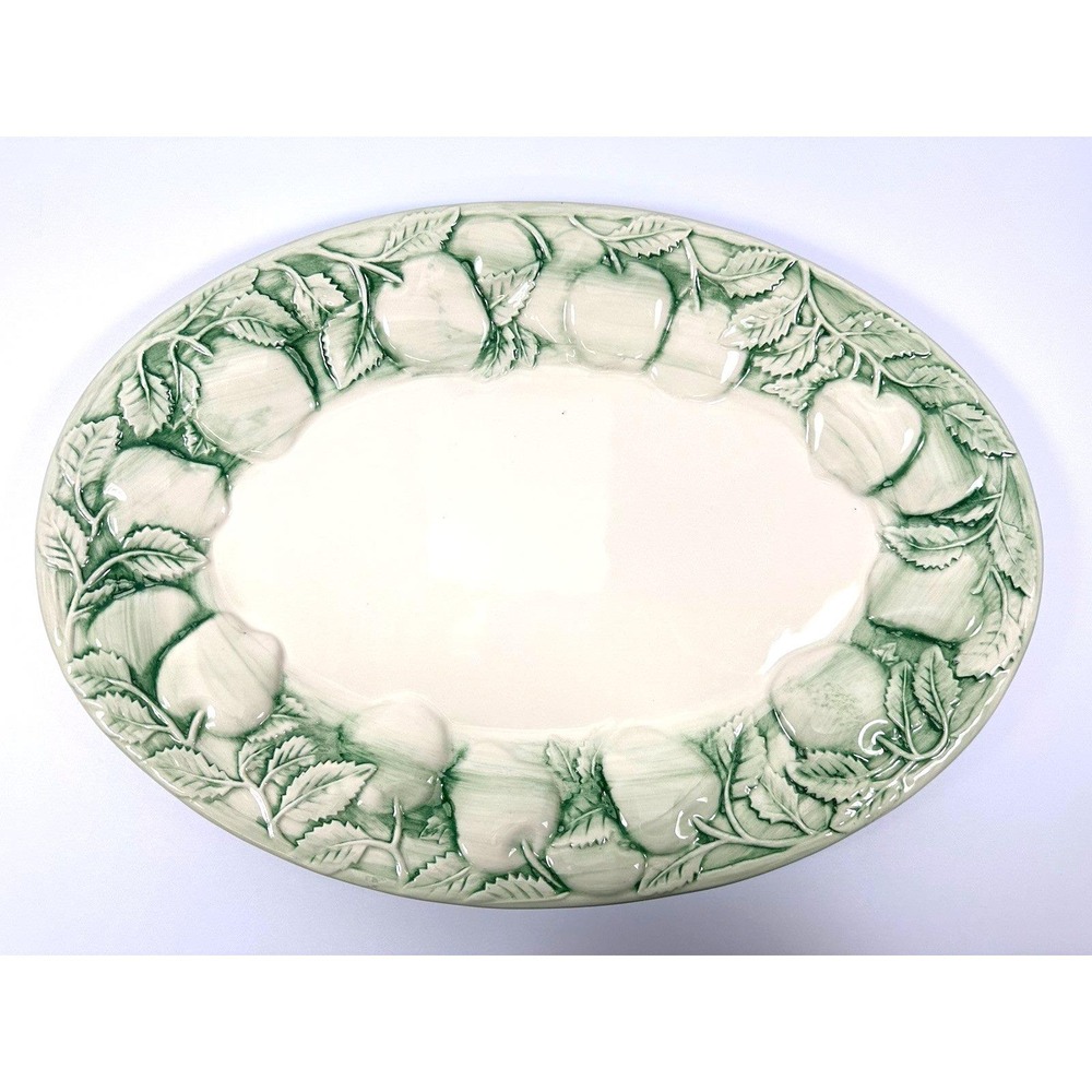 A Santos Portugal Oval Platter 8009 Green Ivory Apple Ceramic ~20"X14" Vtg 80-90